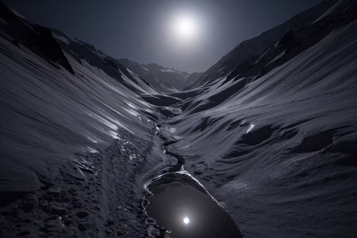 Moonlit Avalanche Chute Striped Silver Shadow in from a quiet alpine saddle near Khairpur