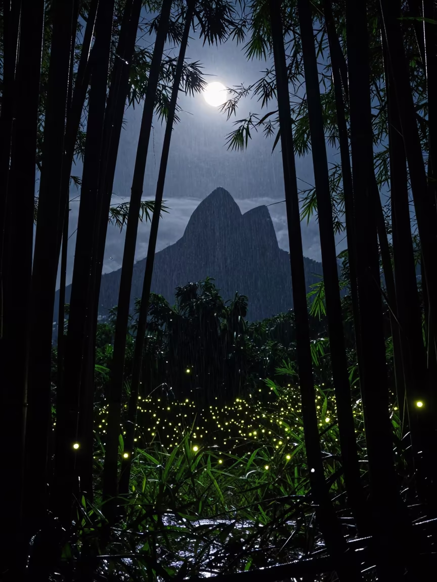 Moonlit Bamboo Fireflies Rio Night Surreal in beneath a moon-washed horizon near Rio de Janeiro