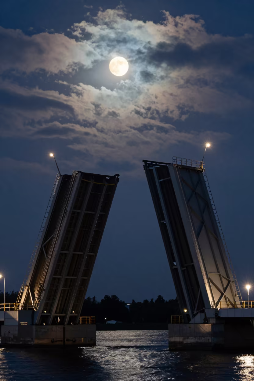 Moonlit Bascule Bridge in Russian Arctic Summer in along a bridge maintenance walkway in Russia