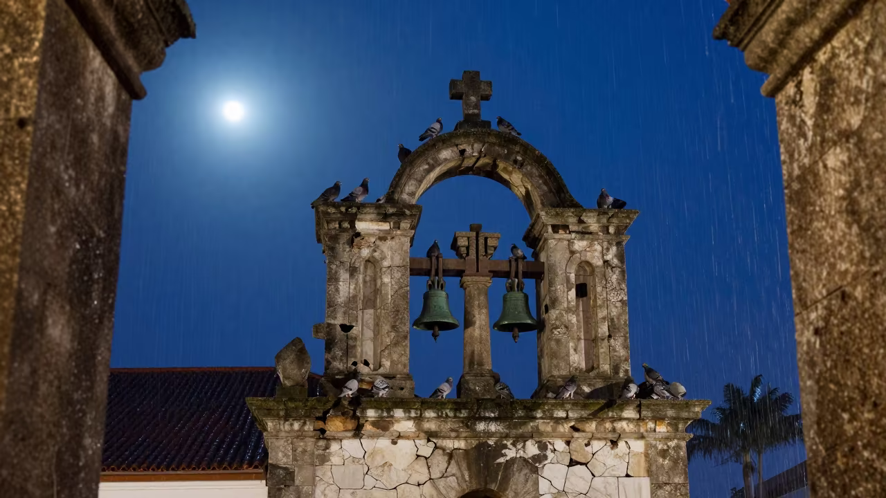 Moonlit Bell Tower with Pigeon Nests in near Salvador
