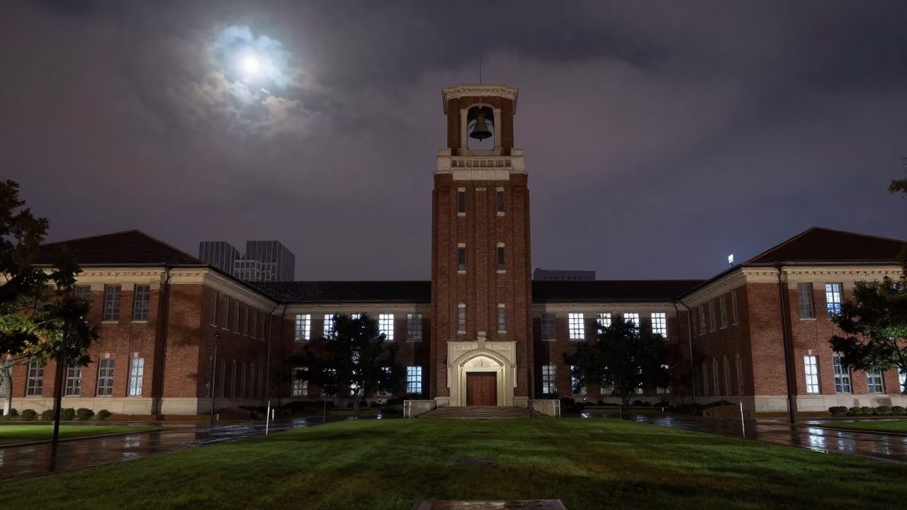 Moonlit Bell Tower Over Shanghai Rain Campus in outside a brick lecture building in Shanghai