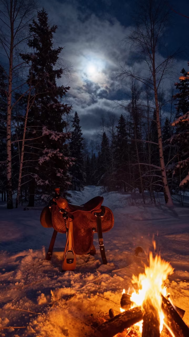 Moonlit Birch Path Midnight Polar Night in from a quiet alpine saddle in Northwest Territories