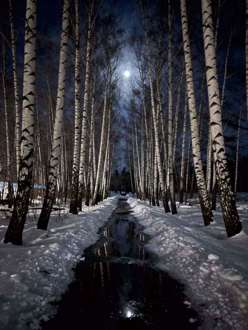 Moonlit Birch Path Snow Fields Fairbanks in beneath a hard winter sky over snowfields near Fairbanks