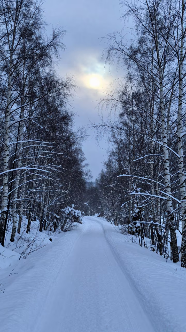 Moonlit Birch Path Snow Norway Twilight in above a misty gorge in warm night air in Norway