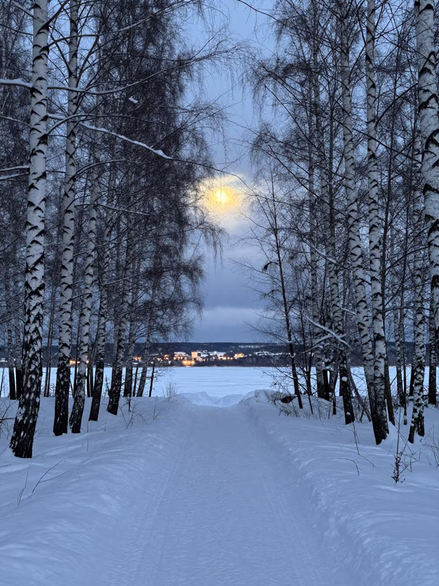 Moonlit Birch Path Snowfields Murmansk Night in beneath a hard winter sky over snowfields near Murmansk