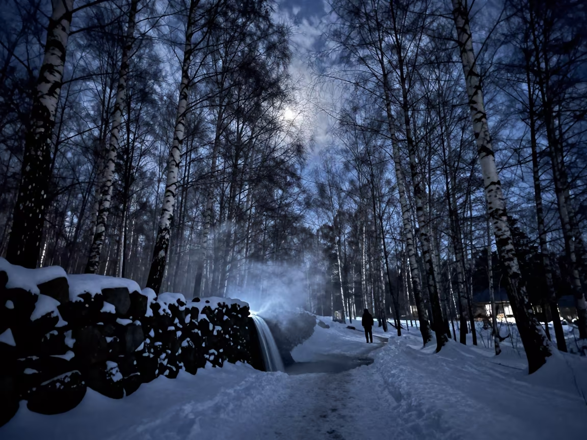 Moonlit Birch Path Surreal Waterfall Midnight Stockholm in beneath thin cloud gaps and stars near Stockholm