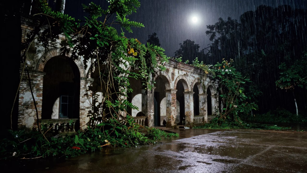 Moonlit Brambles Over Amazon Courthouse Ruin in through an abandoned ceremonial court in Amazonas