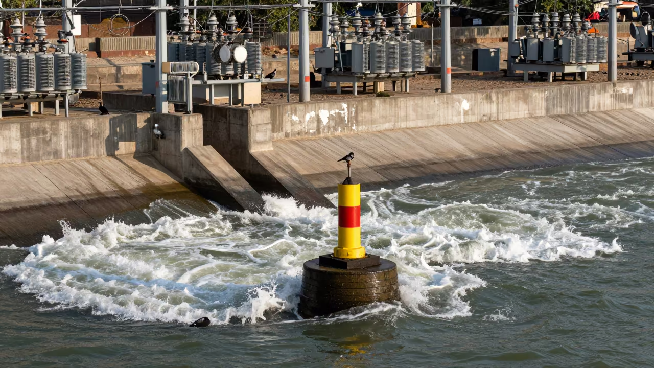 Moonlit Breakwater Beacon on Dam Spillway in along a dam spillway in Greater Noida