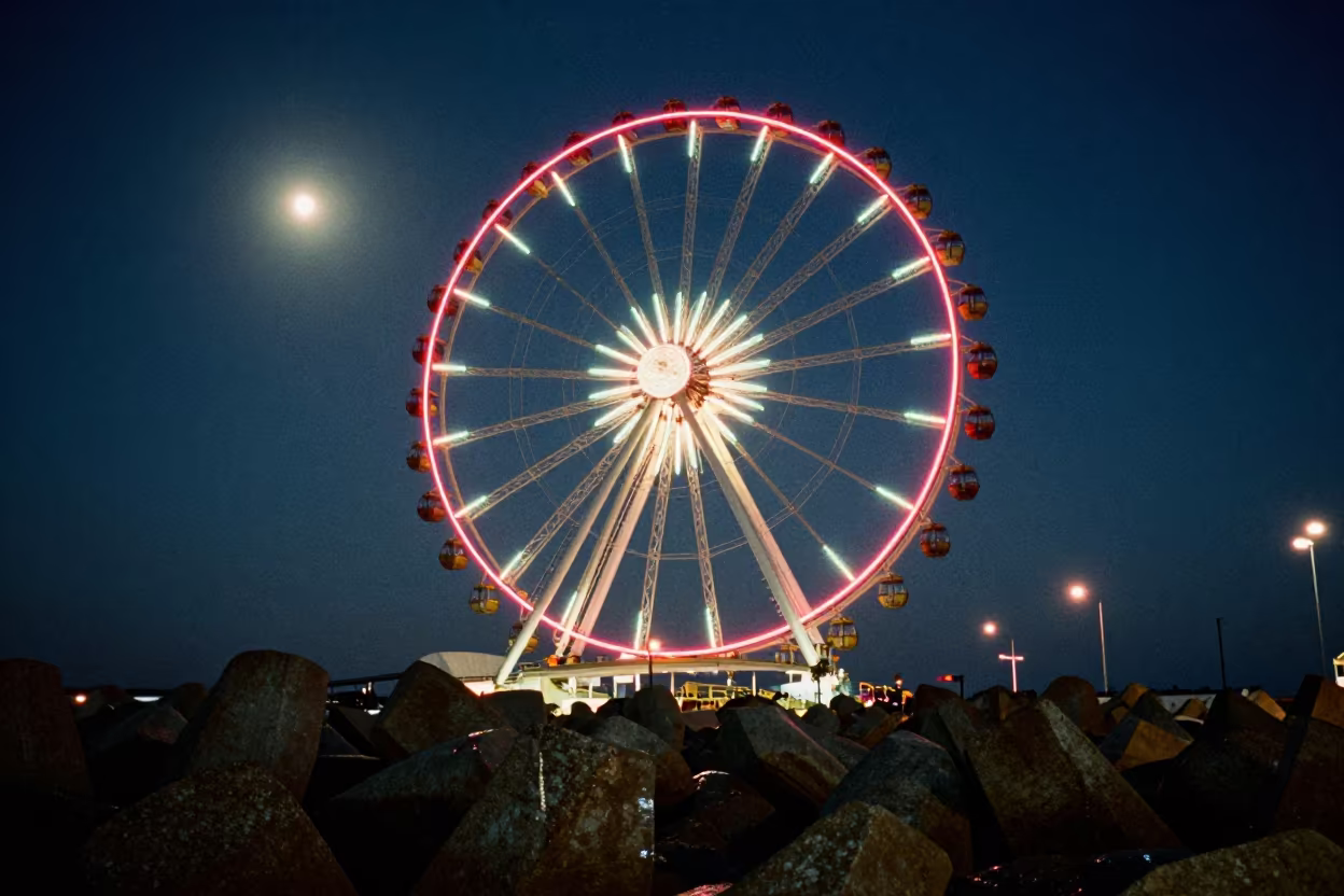 Moonlit Breakwater Ferris Wheel Brazil Night in from a moonlit breakwater in Brazil