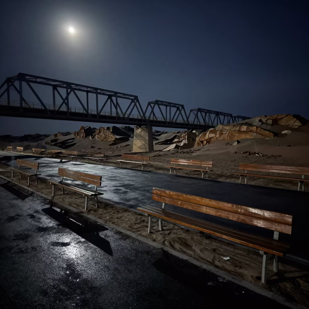 Moonlit Bridge and Empty Benches in Siberian Desert Night in beneath a wind-cut desert escarpment near Irkutsk