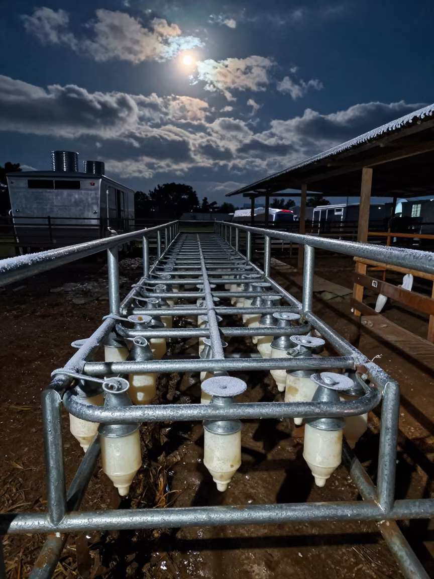 Moonlit Calf Nipple Washer Rack in Colombian Corral in inside a ranch corral in Colombia