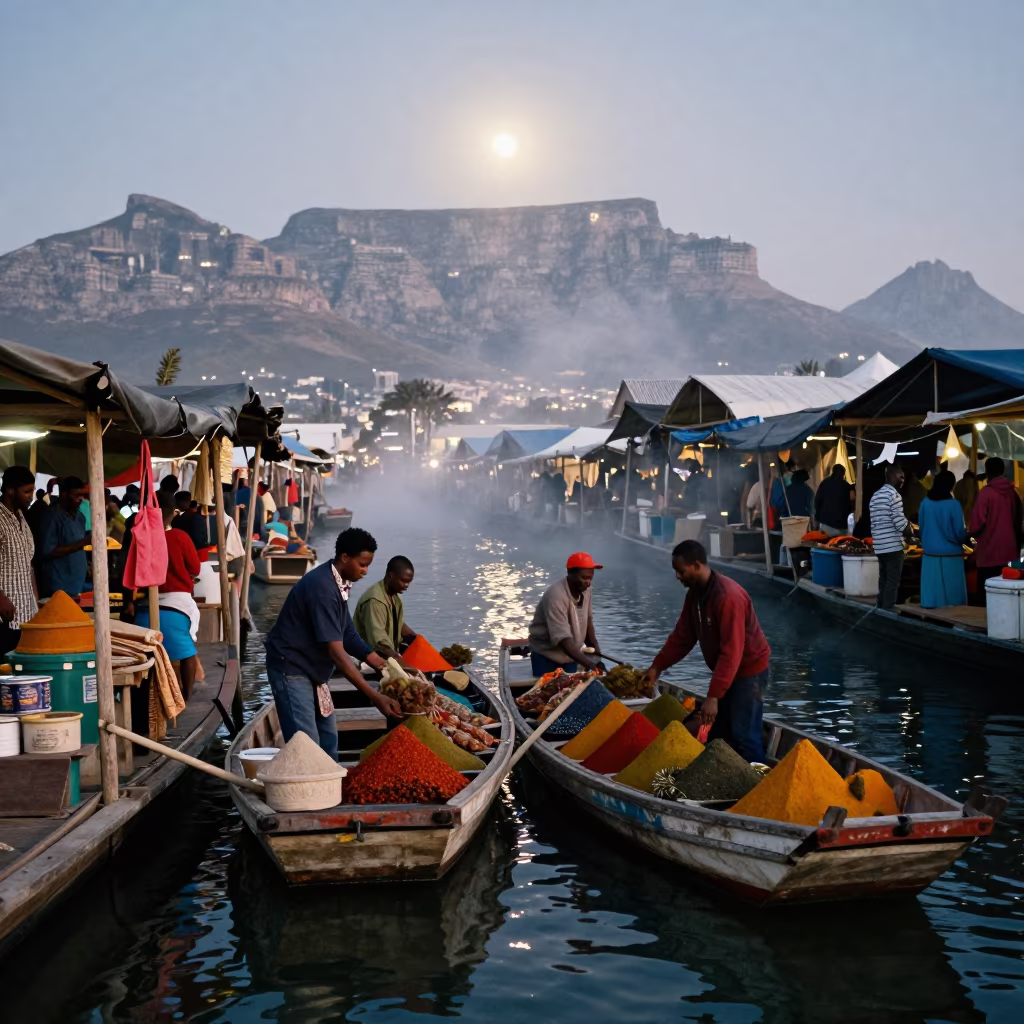 Moonlit Canal Market Vendors Exchange Goods in at a market stall in Observatory, Cape Town
