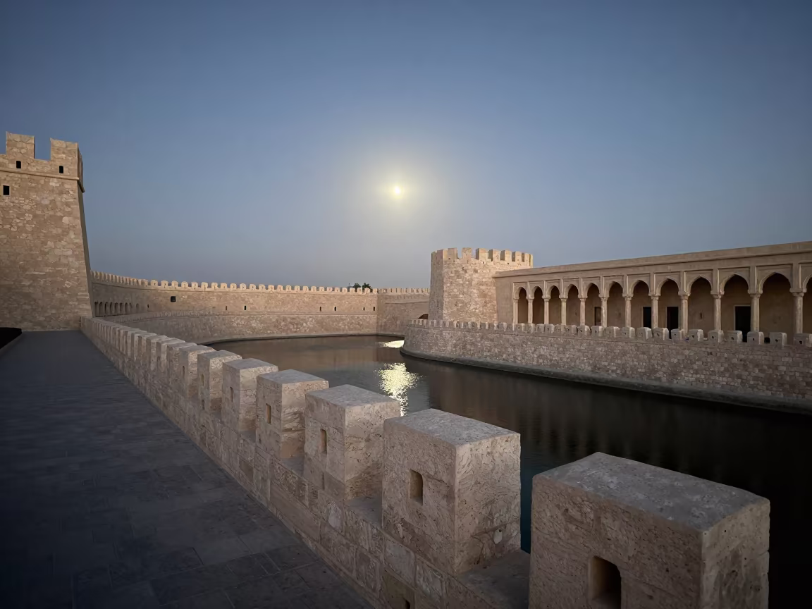 Moonlit Castle Walk Overlooking Moat in Bahrain in along a colonnaded facade in Bahrain