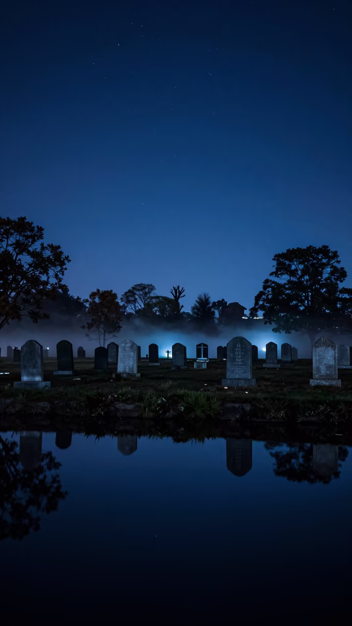 Moonlit Cemetery By Black Water At Blue Midnight in beneath a dark-sky overlook near Kumasi