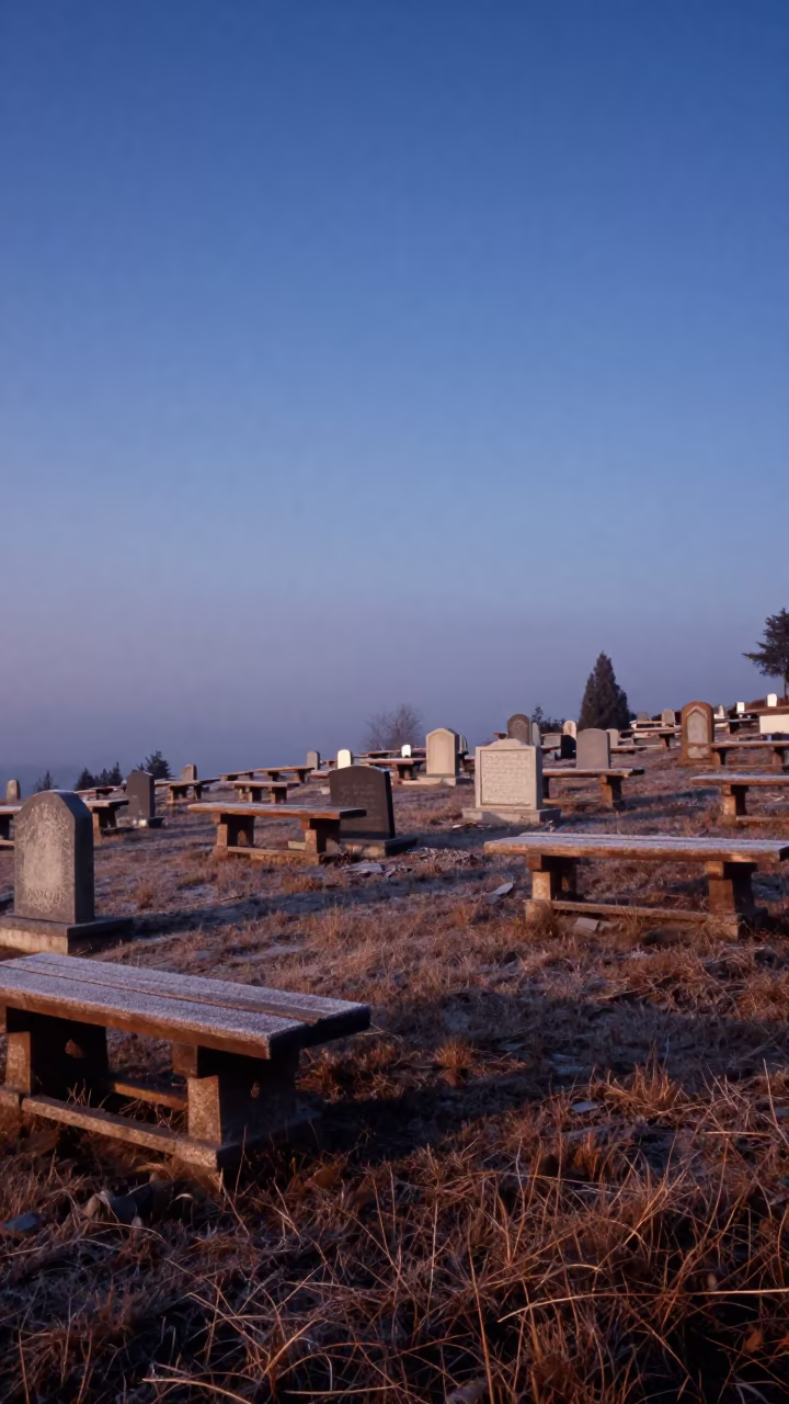Moonlit Cemetery on Chongqing Ridgeline at Twilight in from a frost-hushed ridgeline near Chongqing