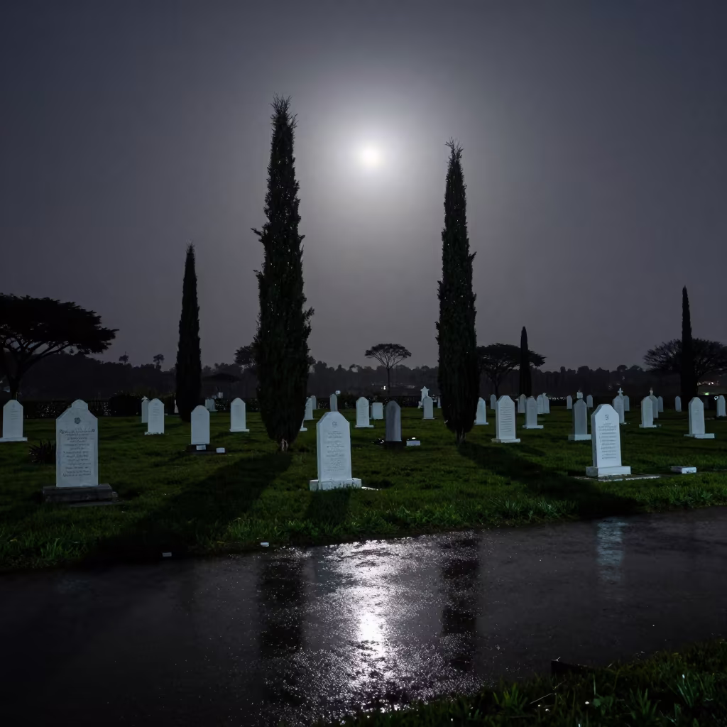Moonlit Cemetery Stones on Rainy Night in from a frost-hushed ridgeline in Central African Republic
