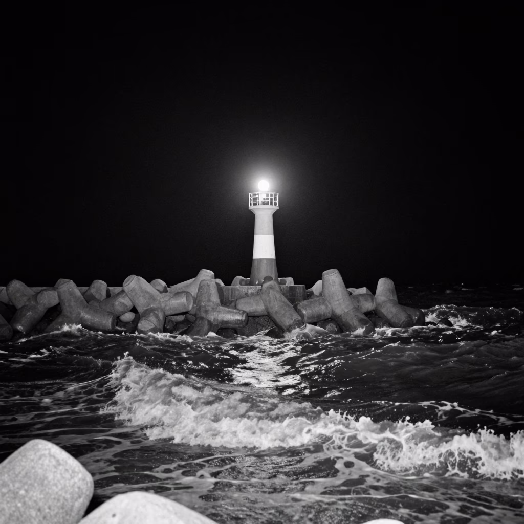 Moonlit Charleston Harbor Breakwater Beacon at Night with Atlantic Surf in in Charleston, South Carolina, United States