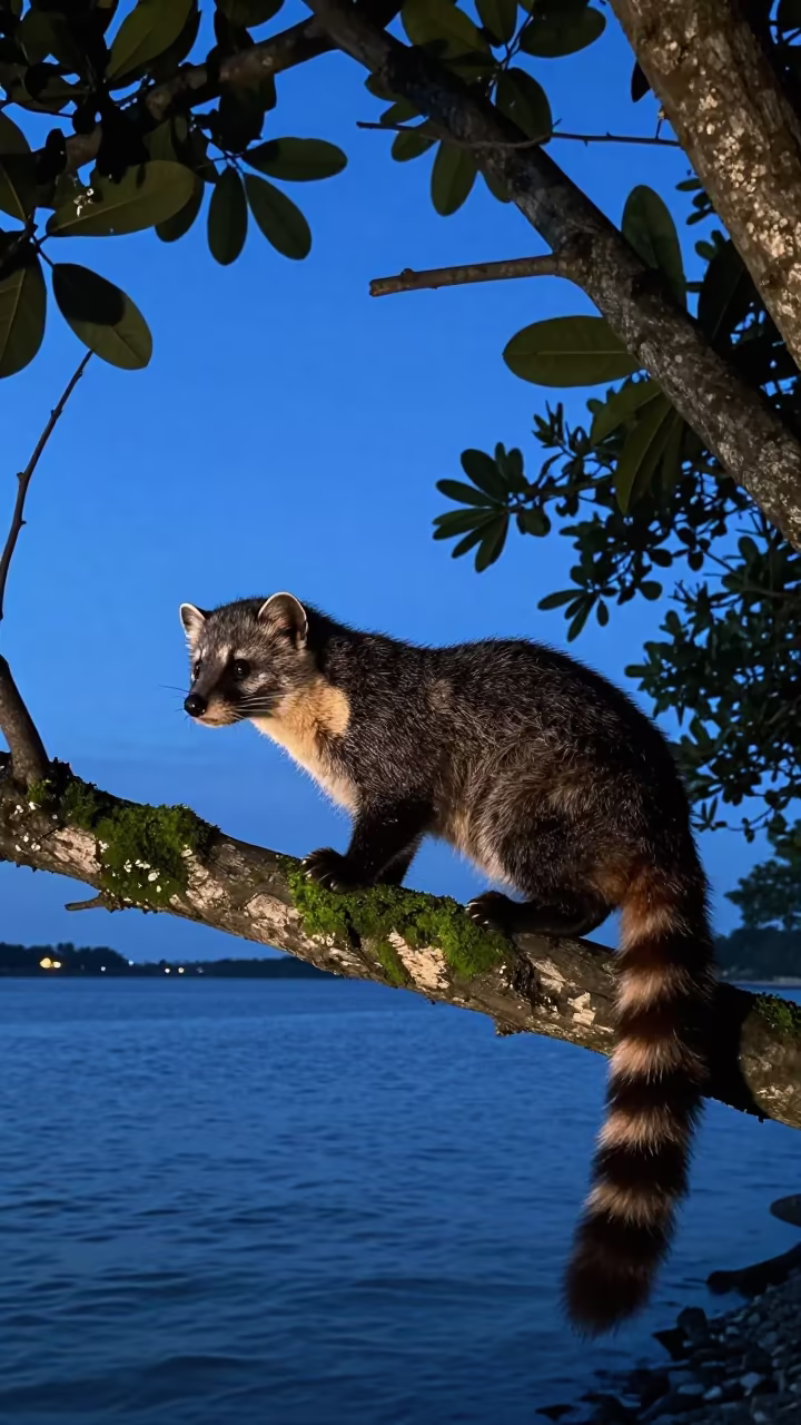 Moonlit Civet Cat on Branch Near Tidal Inlet in beside a tidal inlet near Pétion-Ville