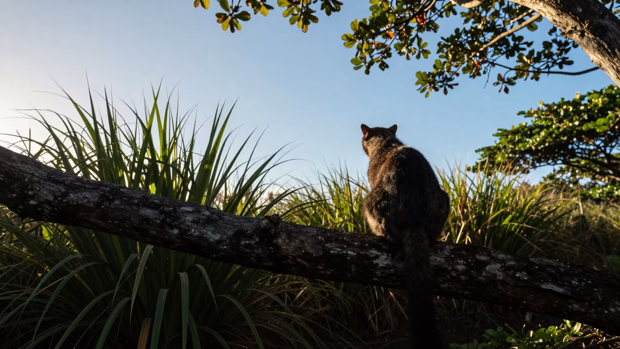 Moonlit Civet Cat on Hawaii Branch in at the edge of a reed bed in Hawaii