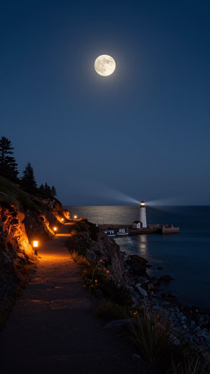 Moonlit Cliff Path Over Colorado Harbor at Night in beside a lantern-dotted harbor in Colorado