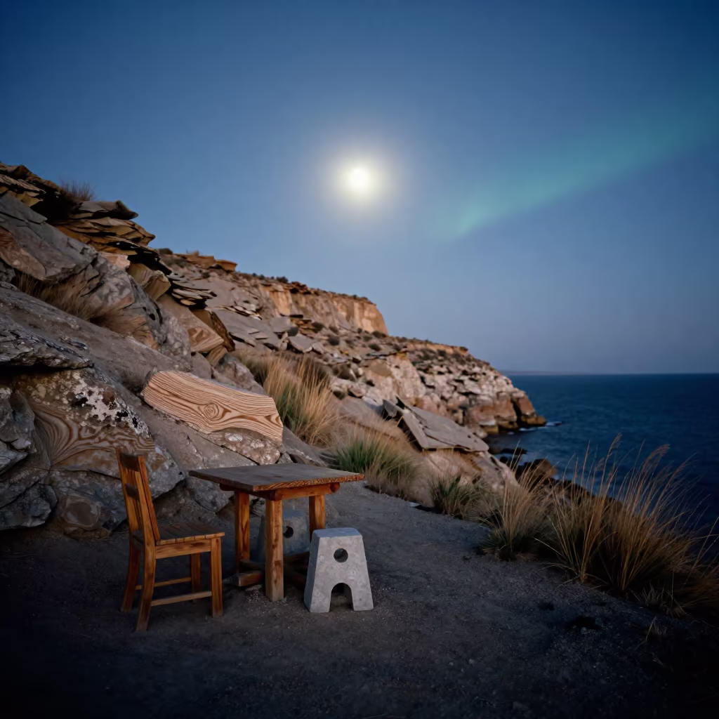 Moonlit Cliff Path Stone Furniture Near Almaty in beneath a wind-cut desert escarpment near Almaty