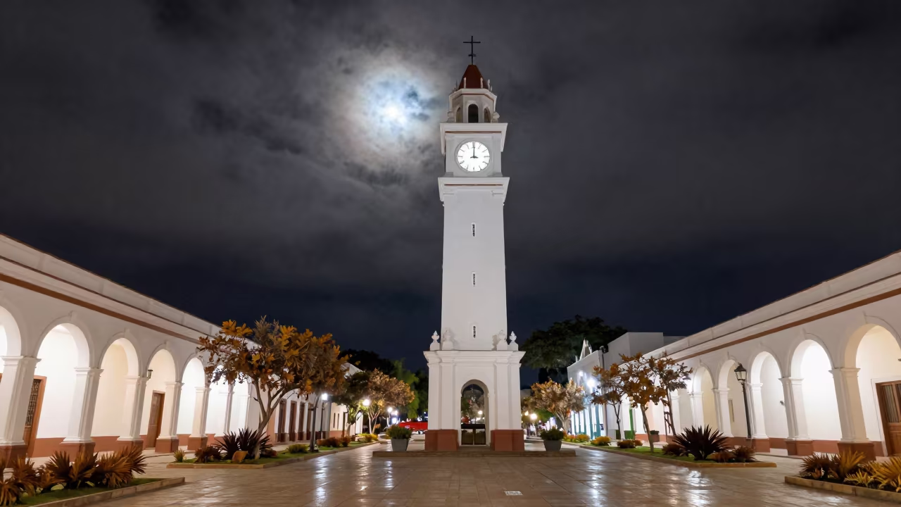 Moonlit Clock Tower Over Esmeraldas Plaza in across a formal civic plaza near Esmeraldas