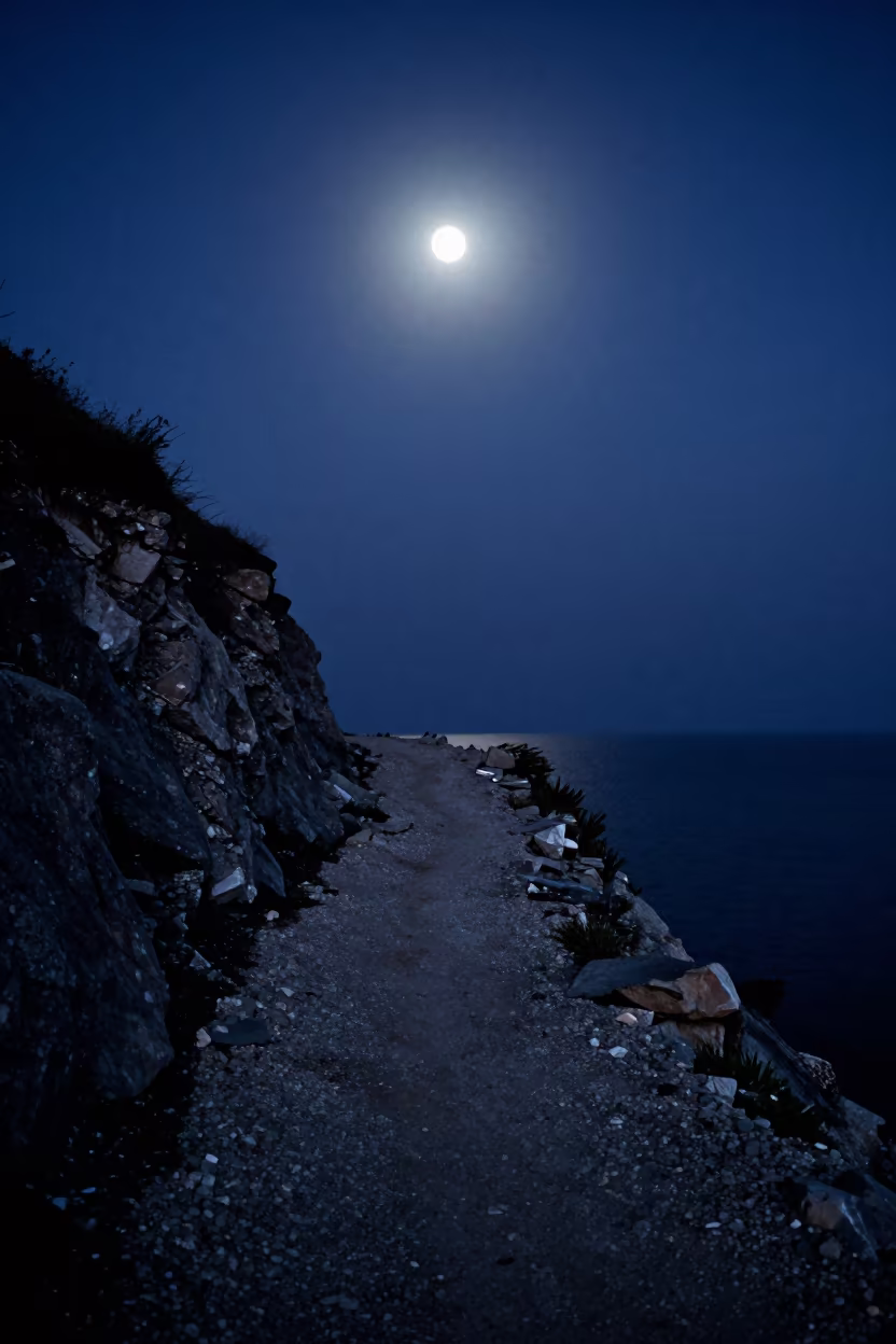 Moonlit Coastal Cliff Path Night Near Kathmandu in beneath a moon-washed horizon near Kathmandu
