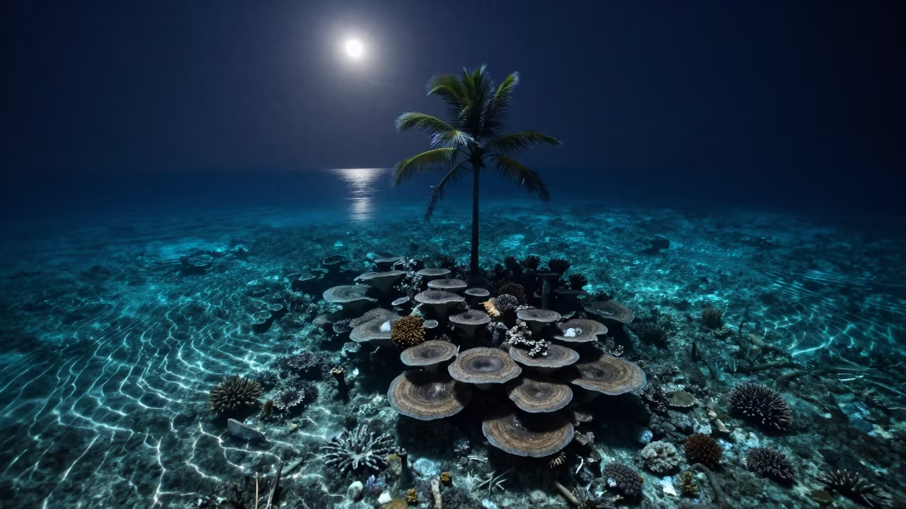 Moonlit Coral Cay Palm Underwater Surreal in beneath a reef ledge in tropical shallows near Cebu