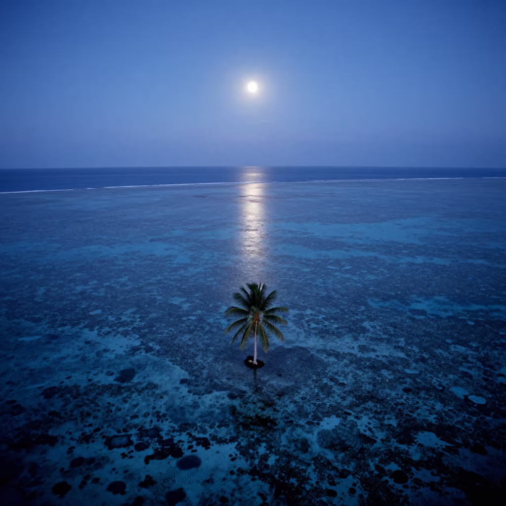 Moonlit Coral Cay Palm Zanzibar Aerial View in beside a volcanic reef overhang near Zanzibar
