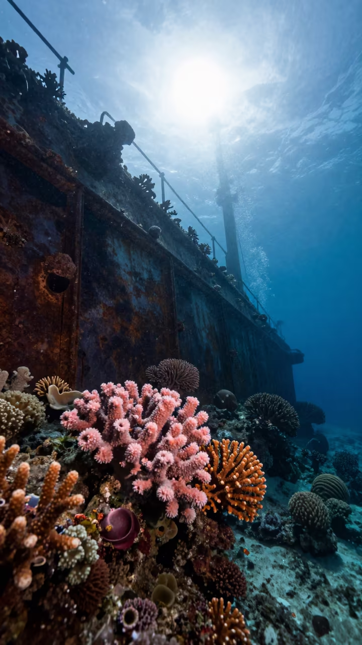 Moonlit Coral Overgrown Shipwreck in Cebu Shallows in beneath a reef ledge in tropical shallows near Cebu