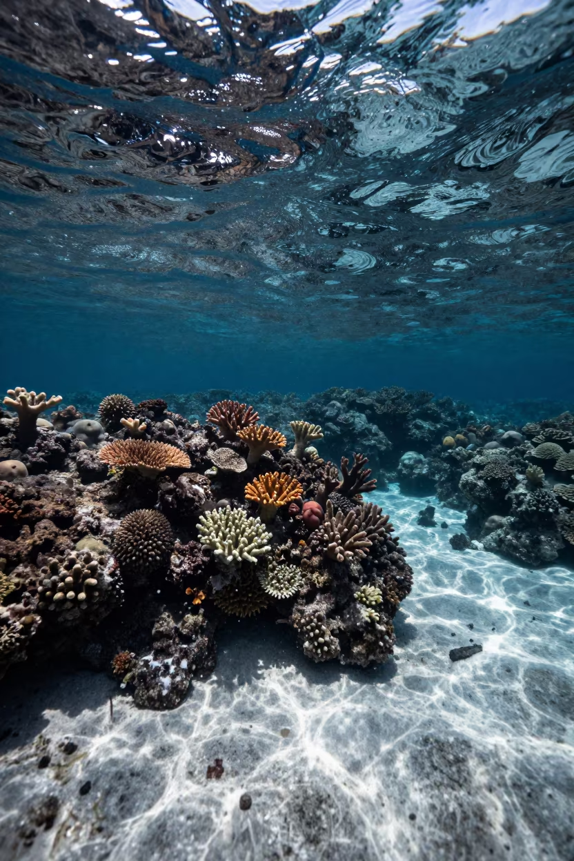Moonlit Coral Reef Through Crystalline Shallows in beside a volcanic reef overhang near Denpasar