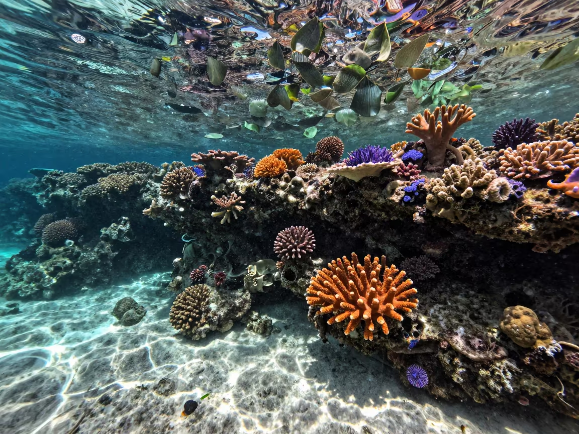 Moonlit Coral Reef Through Zanzibar Shallows in beneath a reef ledge in tropical shallows near Zanzibar