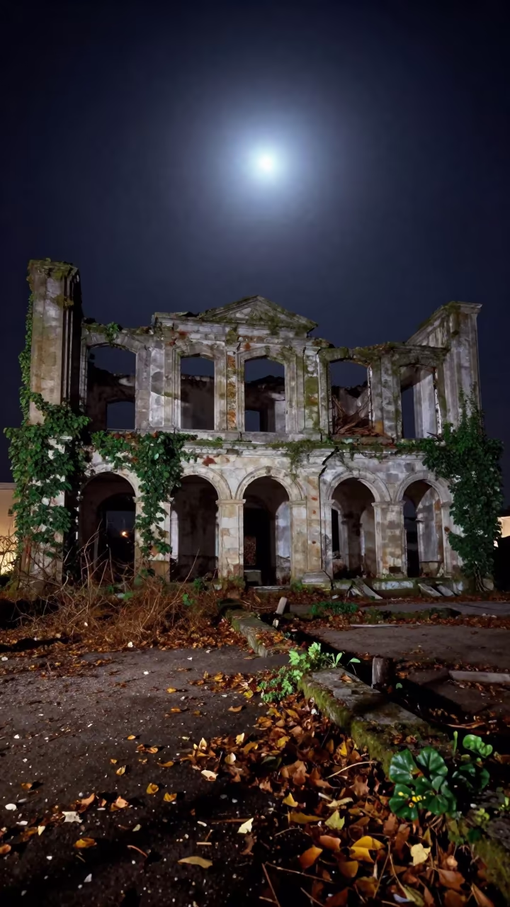 Moonlit Customs House Ruin Autumn Catalonia in through an abandoned ceremonial court in Catalonia