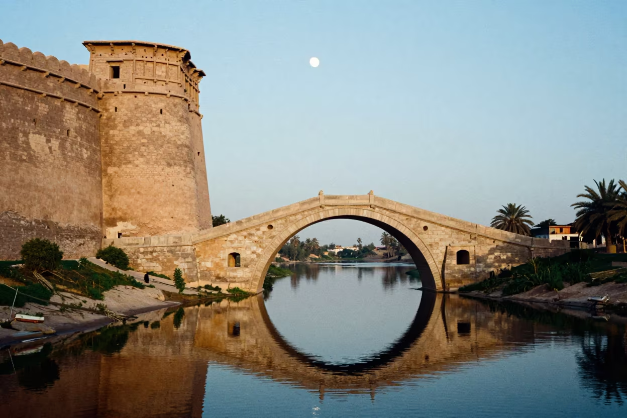 Moonlit Devil's Bridge Circle Reflection in outside a wind-scoured fortress wall in the Nile Delta