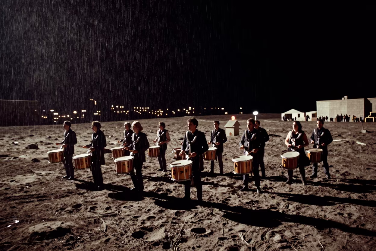 Moonlit Drumline in Fort Portal Square in in a public square in Fort Portal