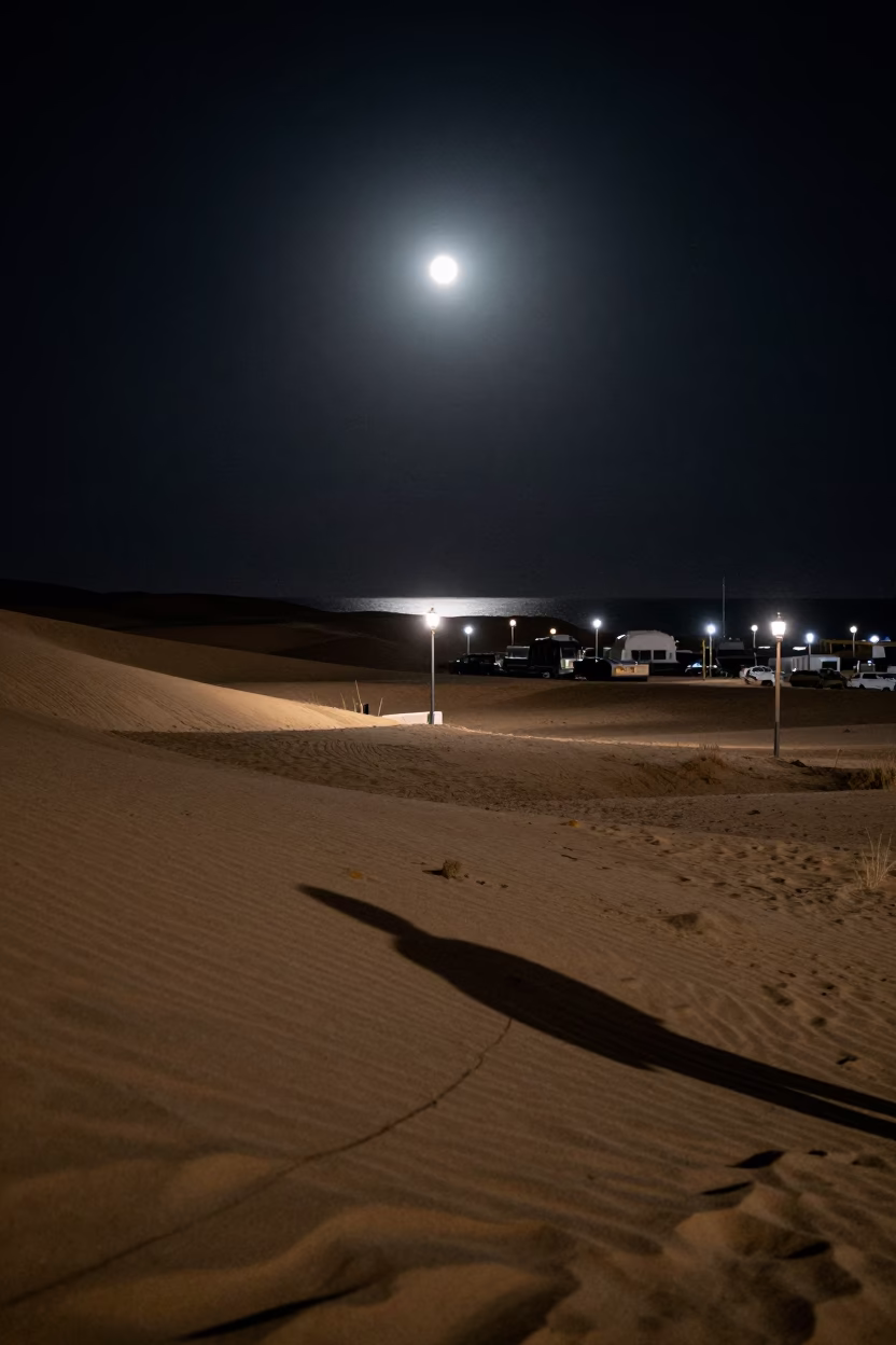 Moonlit Dunes Cast Long Shadows Over Nevada Harbor in beside a lantern-dotted harbor in Nevada