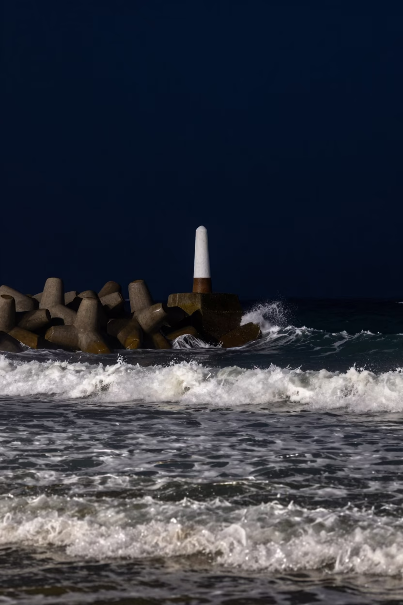 Moonlit Durban Harbor Night Surf Breaking Against Lone Breakwater Beacon in in Durban, South Africa