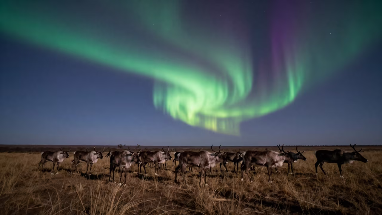 Moonlit Eswatini Tundra Caribou Under Northern Lights in beneath a moon-washed horizon in Eswatini