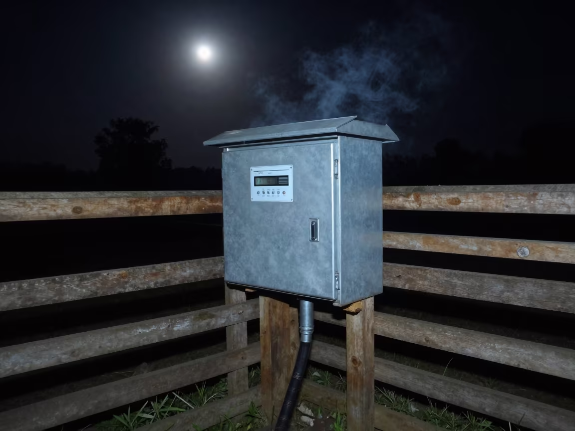 Moonlit Feed Auger Control Box Night Corral in inside a ranch corral in Nagaland