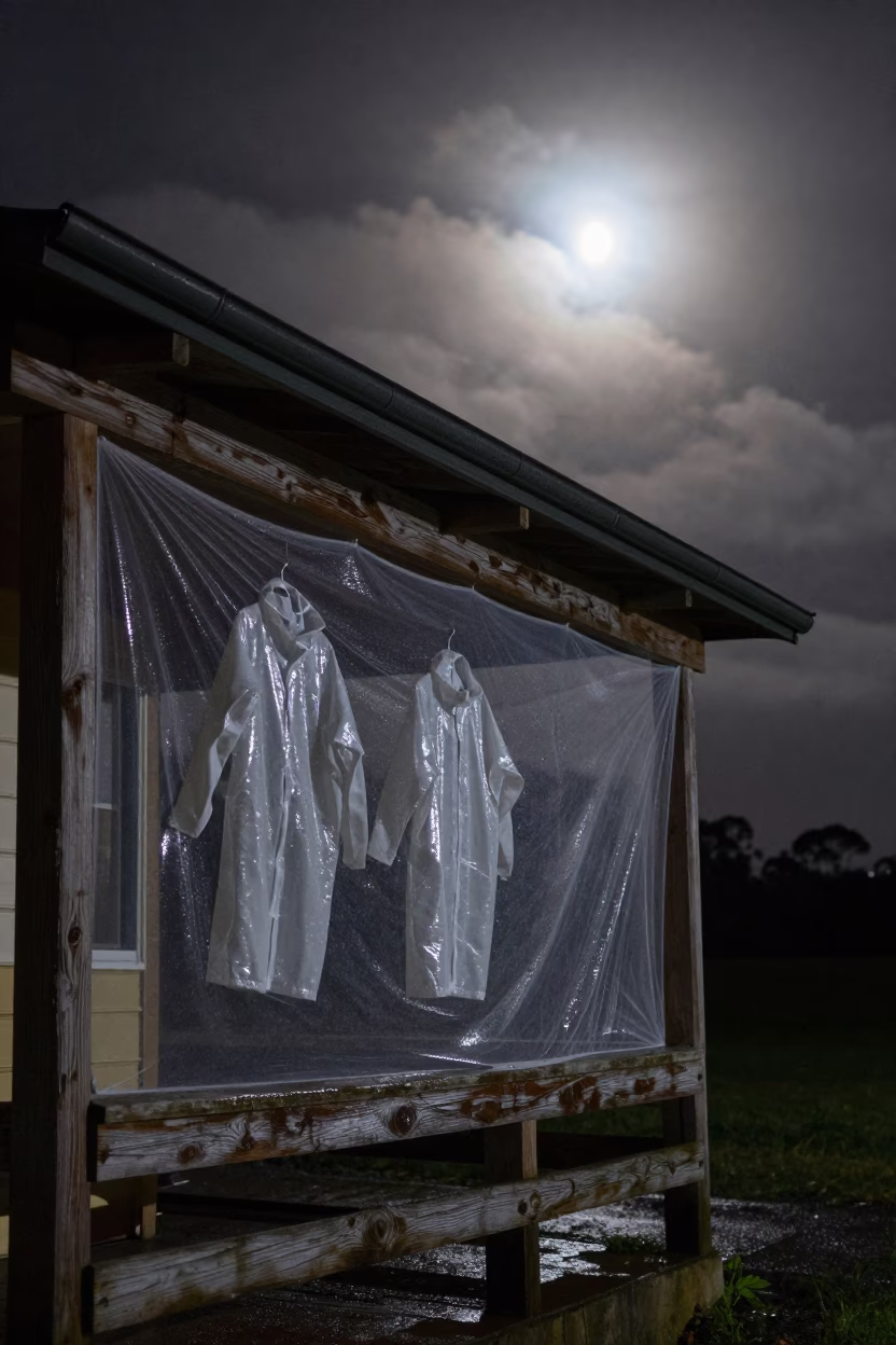 Moonlit Field Station Porch with Drying Gear in at a remote field station in Northcote, Melbourne
