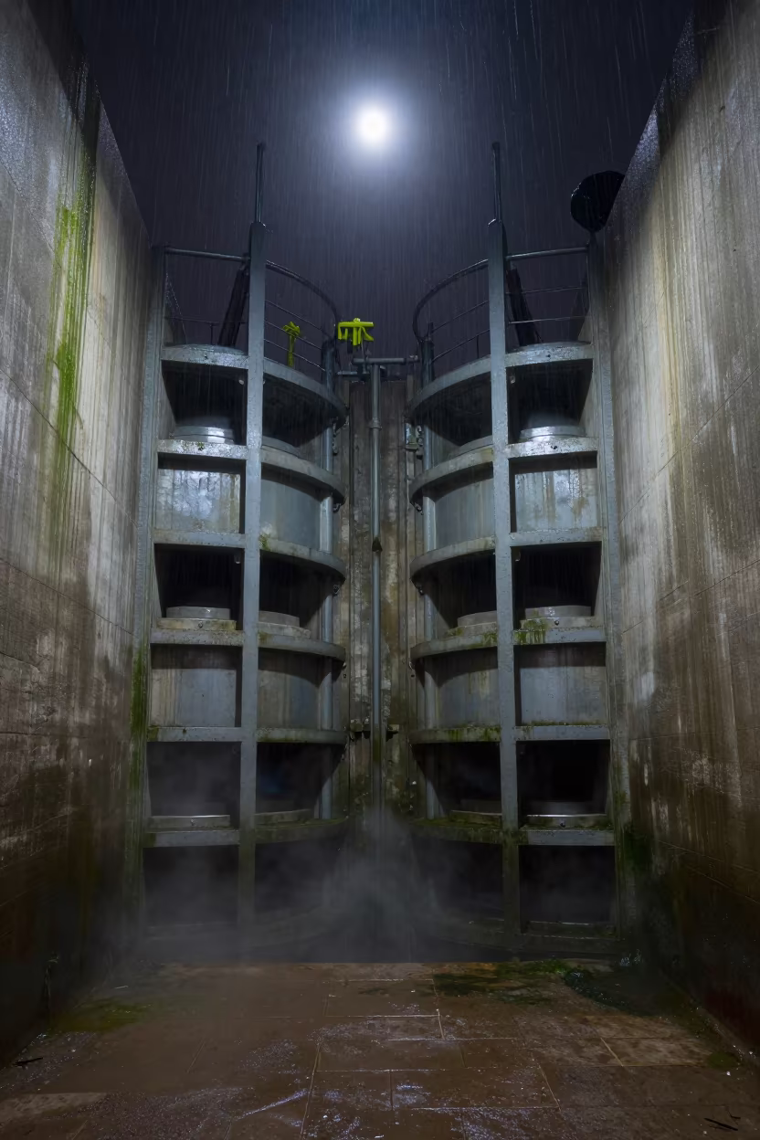 Moonlit Floodgate Chamber in Chad in beside a storm surge barrier in Chad