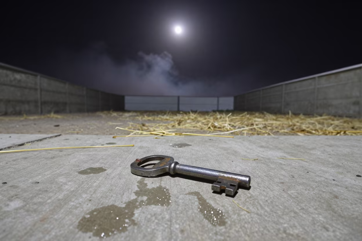 Moonlit Flush Key on Damp Concrete in inside a ranch corral in Pakistan
