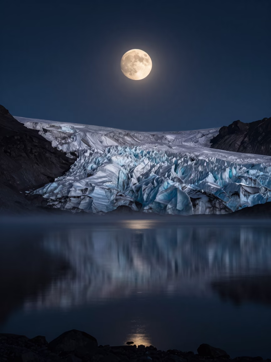 Moonlit Glacier Face with Reflections in Sweden in beneath a dark-sky overlook near Stockholm