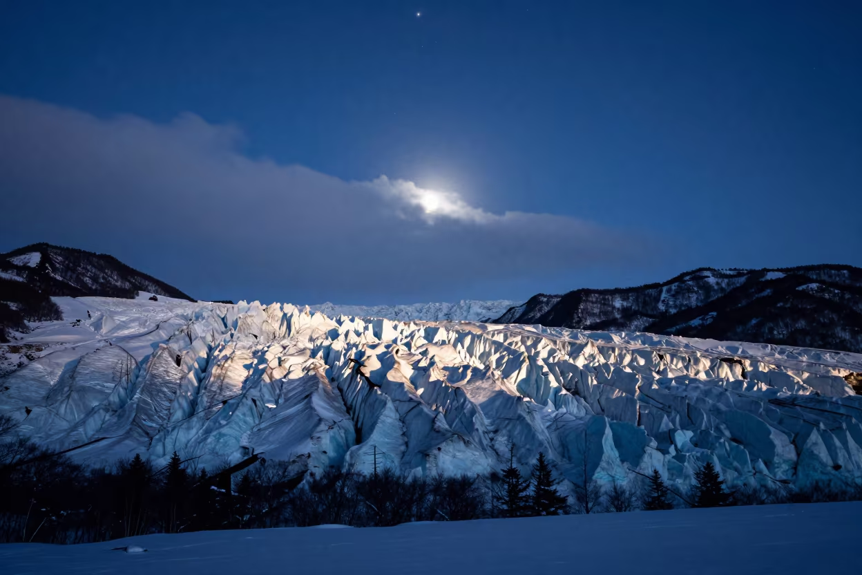 Moonlit Glacier Face Under Sapporo Starlight in under a band of cold starlight near Sapporo