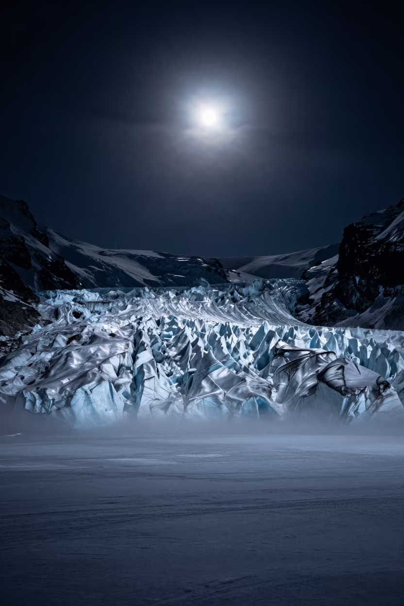 Moonlit Glacier Face Yukon Winter Night in beneath a hard winter sky over snowfields in Yukon