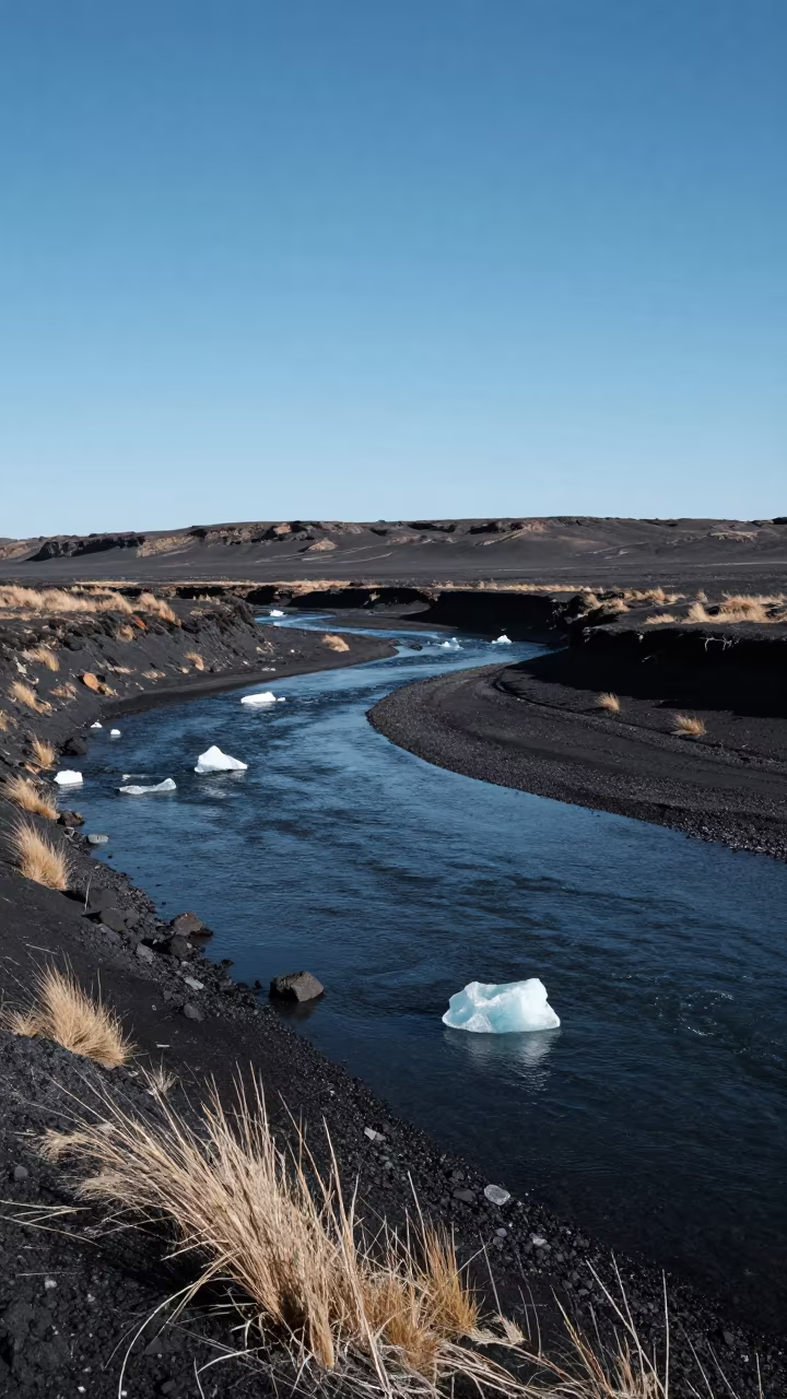Moonlit Glacier River on Volcanic Sand in across a floodplain after rain in Uttarakhand