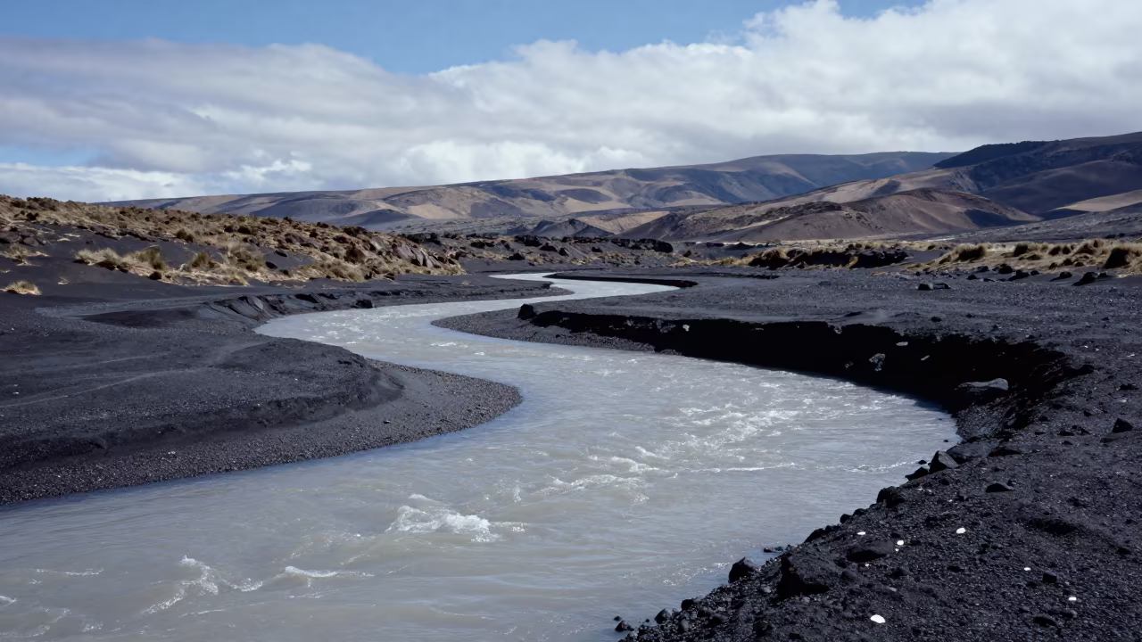 Moonlit Glacier River Winding Through Black Volcanic Sand in near La Ronda, Quito