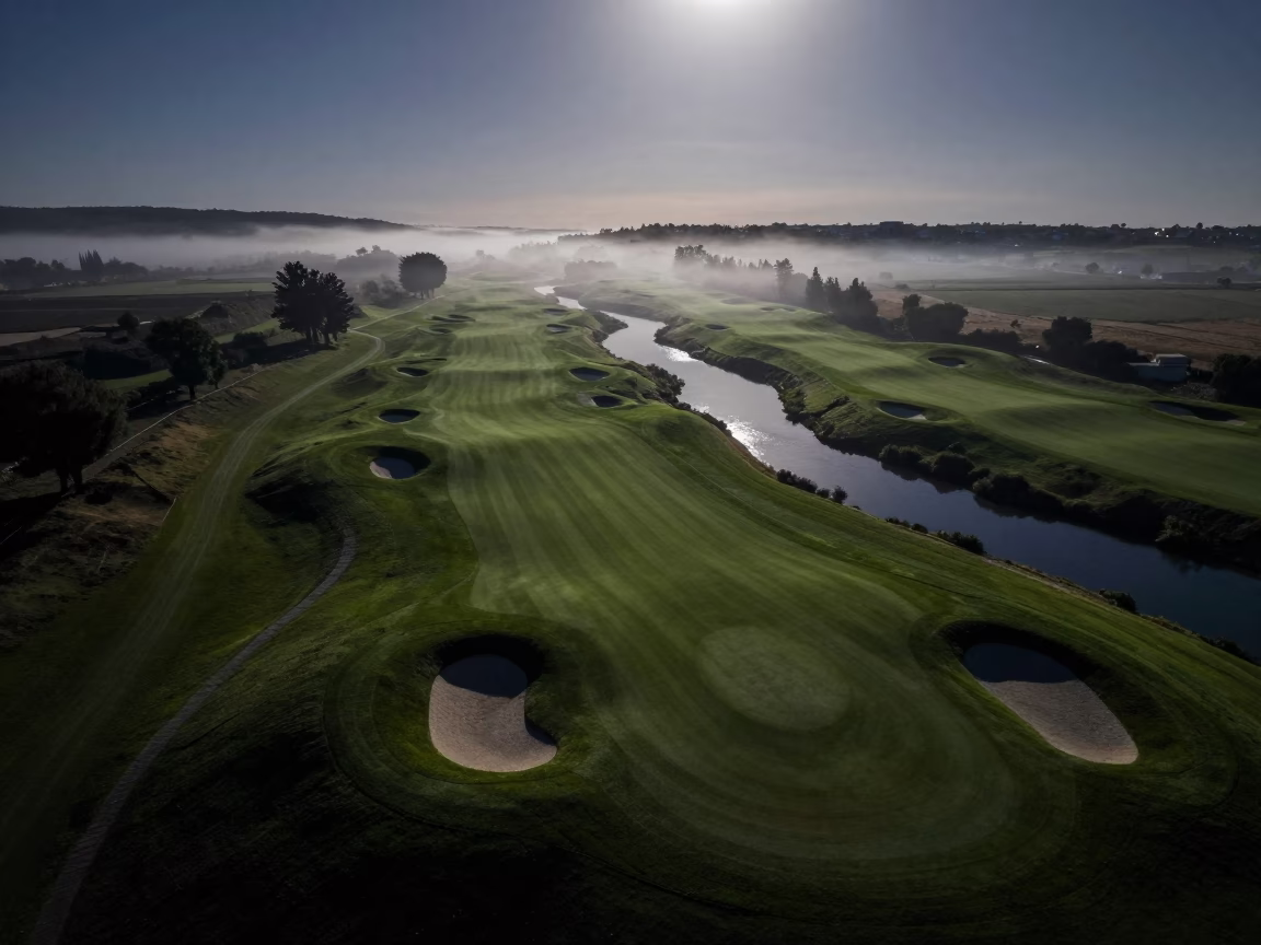 Moonlit Golf Course Above Tangier River Valleys in far above river meanders near Tangier