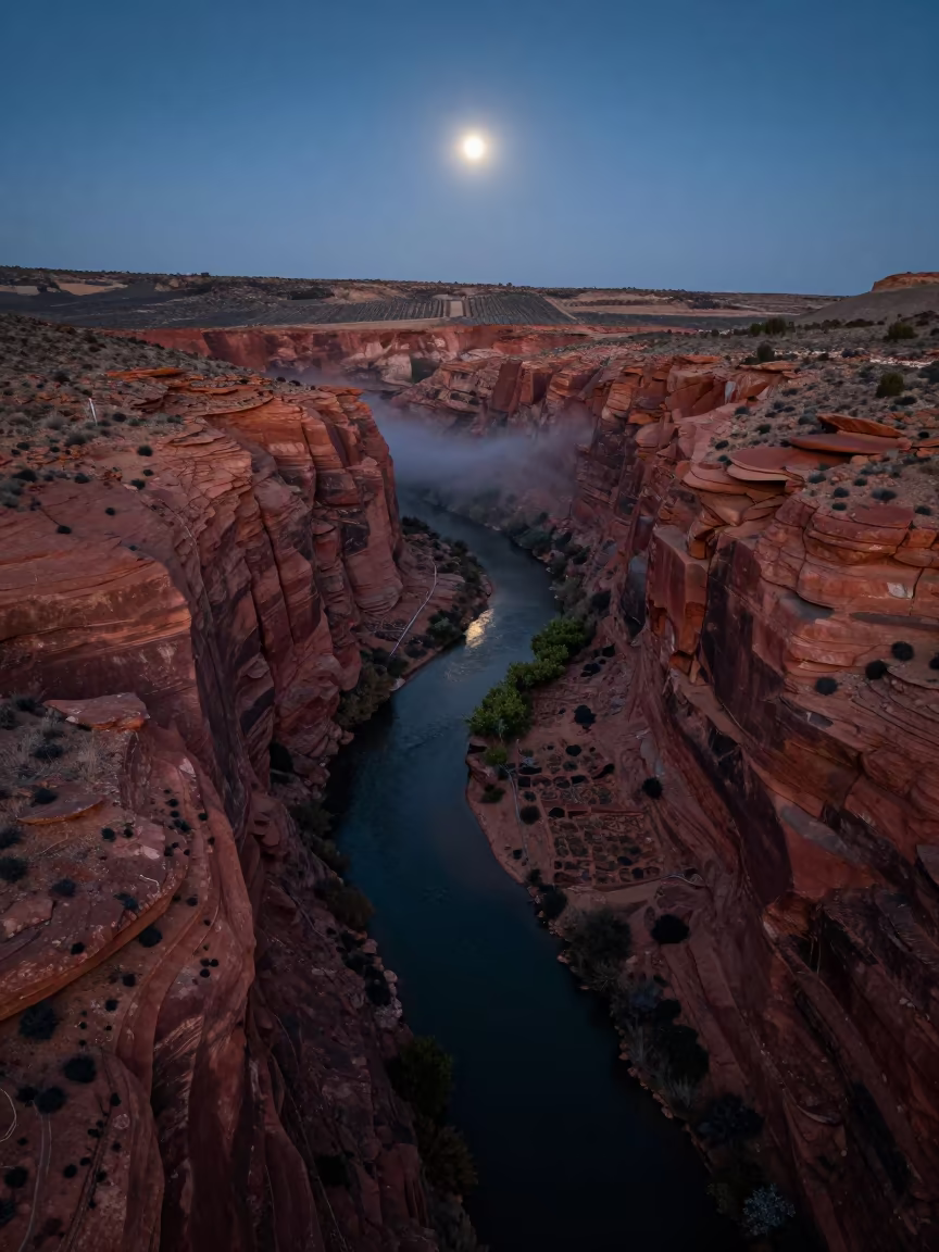 Moonlit Gorge Above Orchard Blocks in far above orchard blocks and irrigation lines near Alcobendas