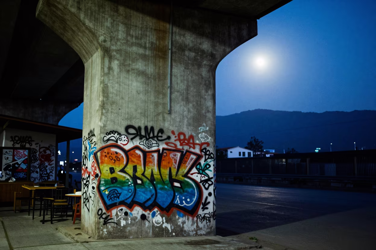 Moonlit Graffiti on Thimphu Overpass Column in outside a corner cafe in Thimphu